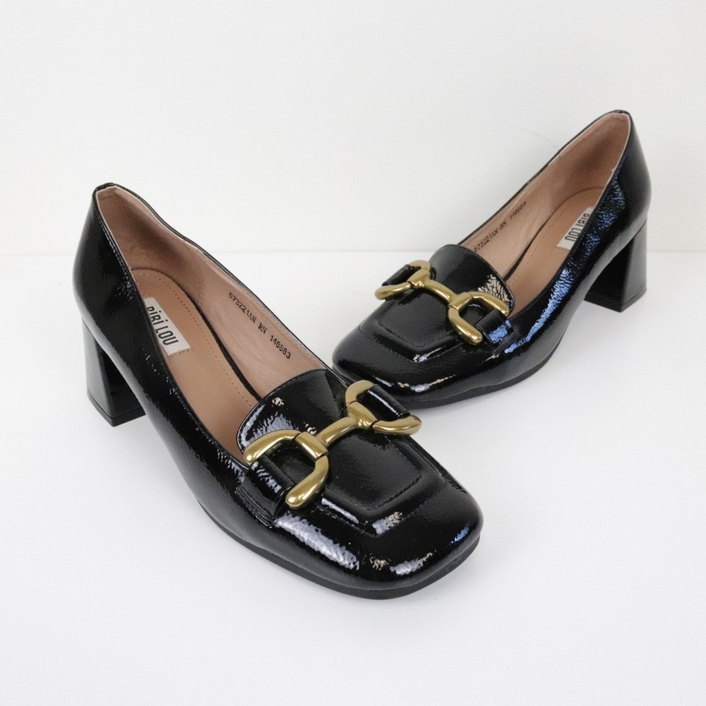 Anthropologie Bibi Lou Valencia Loafer Pumps Heels Black Patent Leather 37 6.5